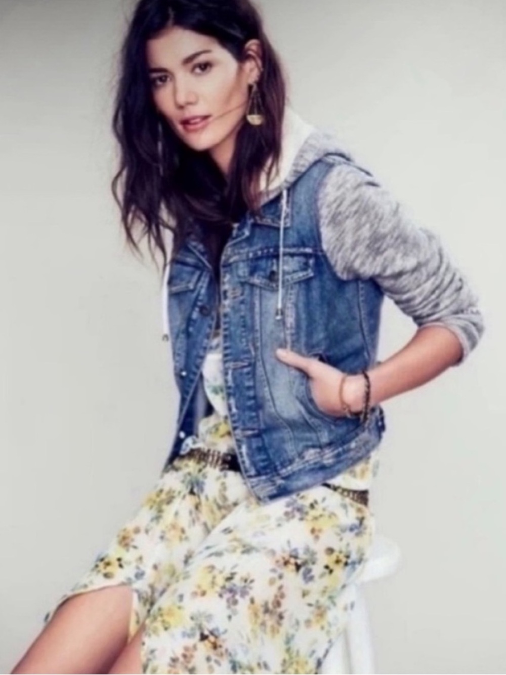 Free People Blue Hooded Distressed Denim Jean Jacket